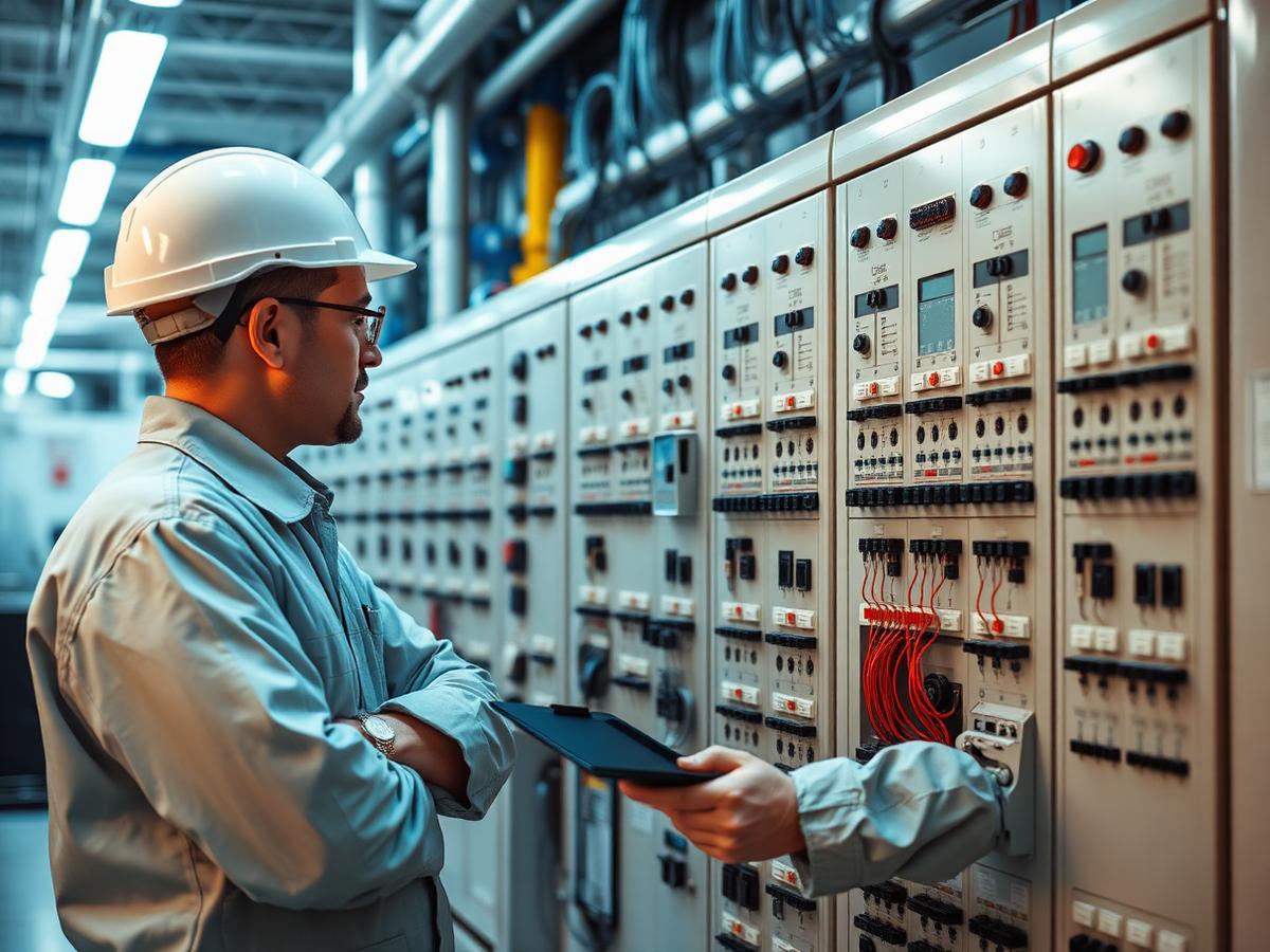 Engineer inspecting an industrial electrical control panel